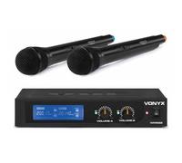 Vonyx WM522 Set de 2 Micrófonos Inalámbricos de Mano Duales con Receptor VHF, Conector de Altavoz, Recargable por USB, Silencio Automático, Microfono Conferencia Inalambrico, Micros para Cantar