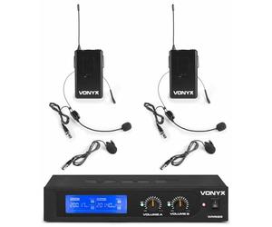 Vonyx WM522B Sistema inalámbrico VHF con 2 Diademas | 2 diademas y 2 solapas, receptor dual, transmisión VHF, maletín incluido
