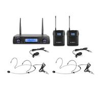 Vonyx WM62B Sistema inalámbrico UHF con 2 petacas | 2 petacas con diadema y solapa, 16 canales UHF, sincronización IR
