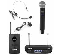 Vonyx WM82C Sistema de Micrófono Inalámbrico UHF 2 Canales con Receptor, Petaca, Micrófono de Mano, Diadema y Solapa, Señal Estable y Maletín de Transporte, Ideal para Eventos y Presentaciones