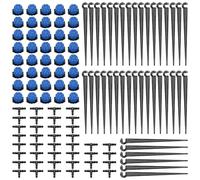 VooGenzek 120 Piezas 4/7mm Kit de Riego por Goteo Automátic, 40 Goteros de Riego Ajustables de 8 Agujeros + 40 Tee Conectores + 40 Estaca Microtubo Piqueta, para Manguera de 4/7mm, Azul