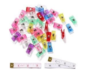 VooGenzek 40 Piezas 3.3x1.8x1.1 cm Clips de Costura, Plástico Craft Clips, Sewing Clips, Pinzas para Acolchar, con 2 Piezas 150cm Cinta Métrica, para Costura, Quilting, Crafting