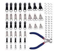 VooGenzek 85 Piezas Reparación de Cremallera Kit, Cremallera de Repuesto Kit con Instale Pinzas, para Reparar Jeans, Abrigos, Chaquetas, Cremalleras (Negro y Plateado)