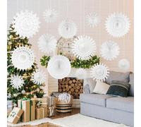 Vookkp 16 copos de nieve decorativos de Navidad blancos adornos de copos de nieve colgantes navideños de papel 6 tamaños copos de nieve para decoración de Navidad colgantes artesanales DIY