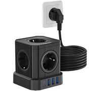 VOOMY Regleta 9 en 1 Cable de 5M, 5 Tomas y 3 USB A y 1 USB C (USB C 20W Recarga Rapida), 4000 W con Interruptor, Regleta con Protección contra Sobretensiones para Smartphone, hogar y Oficina, Negro