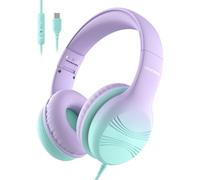 Voopwink Auriculares USB tipo C para niños, auriculares con cable para niños con micrófono, límite de volumen de 85/94 dB, sonido estéreo, auriculares portátiles sobre la oreja para escuela, viajes