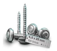 VOOXA 100 tornillos de acero inoxidable A2 4,5 x 25 con arandela de sellado EPDM de 15 mm, cabeza lenticular TX20, para madera/metal/plástico o con tacos para pared