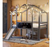 Vopese Cama Alta Infantil con Tobogán y Pizarra, Estructura de Madera Robusta, Diseño Casa de Juegos, para Niños y Niñas, Ahorra Espacio