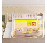 Vopese Cama Litera Infantil con Tobogán y Luces LED, Madera de Pino y MDF, 3 Estantes, para Niños y Niñas, Habitación Infantil