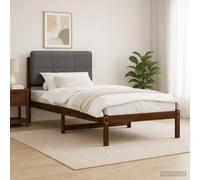 Vopese Cama moderna de madera de acacia maciza con cabecero tapizado en lino sintetico funda de cojin desenfundable y lavable estructura rectangular de lineas sencillas color marron oscuro y gris clar