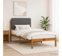 Vopese Cama moderna de madera de acacia maciza con cabecero tapizado en lino sintetico funda de cojin desenfundable y lavable estructura rectangular de lineas sencillas color natural y gris claro para