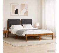 Vopese Estructura de Cama Moderna de Madera de Acacia Maciza con cabecero tapizado en Lino Sintetico Funda de cojin desenfundable y Lavable Color Natural y Gris Oscuro