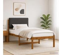 Vopese Estructura de cama moderna de madera maciza de acacia con cabecero tapizado en lino sintetico natural y gris oscuro funda de cojin lavable y desenfundable montaje sencillo con destornillador pa