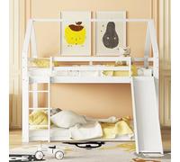 Vopese Litera con Forma de casa y tobogán, Cama Doble 140x200cm de Madera Maciza de Pino, con barandilla de Seguridad y Escalera, para niños y habitación Infantil