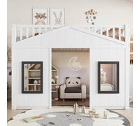 Vopese Litera Infantil con Escalera y Barandilla de Seguridad, Cama Tipo Casita con Ventanas, Estructura de Pino y MDF, 90x200 cm, para Niños y Adolescentes, Color Blanco y Gris