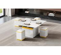 Vopese Mesa Centro Plegable Elevable Multifuncional con Taburetes Almacenaje, Doble Función Ajustable Altura para Salón Comedor Oficina Pequeño Apartamento
