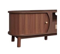 Vopese Mueble TV Ratán con Cajones y Puertas, Almacenamiento Abierto y Oculto, Patas de Madera Maciza, para Sala de Estar