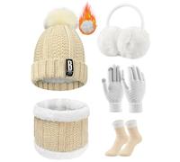Voqeen Conjunto Bufanda Gorro y Guantes Mujer Set 5PCS Gorro de Punto Táctil Guantes Termicos Orejeras y Calcetines Cuello de Bufanda Invierno Regalo Mujer para Esquí