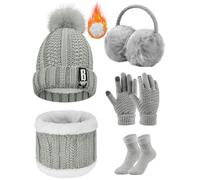 Voqeen Conjunto Bufanda Gorro y Guantes Mujer Set 5PCS Gorro de Punto Táctil Guantes Termicos Orejeras y Calcetines Cuello de Bufanda Invierno Regalo Mujer para Esquí