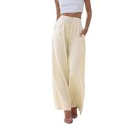 Voqeen Mujer Pantalones de Lino Anchos Verano Casual Pantalon Frescos Cintura Alta Elástico Cordón con Bolsillos Palazzo Pants de Playa Largos Suelto Pantalón Vintage Ligeros y Cómodos