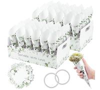VORHOT 60 Piezas Conos Arroz Boda, Cono Papel Kraft Boda con 2 Caja Soporte Cucuruchos de Papel para Bodas, Conos de Confeti Boda para Decoración Boda Fiesta Ceremonia, Hojas
