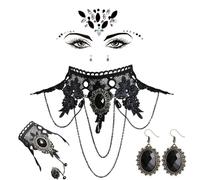 VorIrydian 4 gargantillas góticas pulseras joyas - Encaje Collar Gótico, Pegatinas faciales, Pendientes Decoración, accesorios de vampiro, para Carnaval, Halloween, Mascarada, Cosplay, Muje, Negro