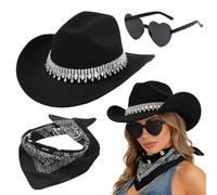 VorPrillynt Sombrero Vaquera 3 Piezas Sombrero de Vaquero Accesorios Sombreros Vaquero del Oeste Traje Sombreros Vaquera con Pañuelo Cuadrado y Gafas para Disfraz Vacaciones Fiesta 6