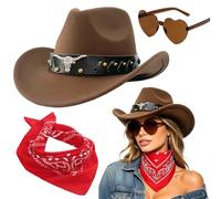 VorPrillynt Sombrero Vaquera 3 Piezas Sombrero de Vaquero Accesorios Sombreros Vaquero del Oeste Traje Sombreros Vaquera con Pañuelo Cuadrado y Gafas para Vacaciones Fiestas Temáticas 8