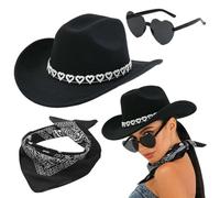 VorPrillynt Sombrero Vaquera 3 Piezas Sombrero de Vaquero Accesorios Sombreros Vaquero del Oeste Traje Sombreros Vaquera con Pañuelo Cuadrado y Gafas para Disfraz Vacaciones Fiesta 9