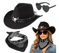 VorPrillynt Sombrero Vaquera 3 Piezas Sombrero de Vaquero Accesorios Sombreros Vaquero del Oeste Traje Sombreros Vaquera con Pañuelo Cuadrado y Gafas para Vacaciones Fiestas Temáticas 3