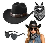 VorPrillynt Sombrero Vaquera 3 Piezas Sombrero de Vaquero Accesorios Sombreros Vaquero del Oeste Traje Sombreros Vaquera con Pañuelo Cuadrado y Gafas para Vacaciones Fiestas Temáticas 1