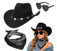 VorPrillynt Sombrero Vaquera 3 Piezas Sombrero de Vaquero Accesorios Sombreros Vaquero del Oeste Traje Sombreros Vaquera con Pañuelo Cuadrado y Gafas para Vacaciones Fiestas Temáticas 5