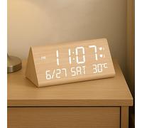 VORRINC Despertador digital de madera, despertador de madera con 2 alarmas/fecha/día de la semana/indicador de temperatura, brillo y volumen ajustables, despertador con conexión de alimentación y 2