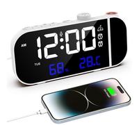 VORRINC Reloj despertador con proyección, radio despertador digital de 15 pulgadas con números grandes/alarmas dobles/repetición/temperatura/humedad/brillo y ajuste de volumen, puerto de carga USB C