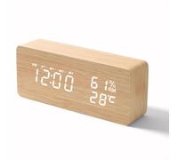 VORRINC Reloj despertador digital radio controlado con 3 alarmas independientes y función de repetición - Despertador de madera con pantalla de fecha, temperatura, ajuste de volumen y brillo