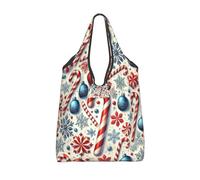 Vortithora Bolsa de compras plegable con adornos azules, copos de nieve, bastones de nieve, reutilizable, bolsa de compras impermeable