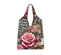 Vortithora Bolsa de compras reutilizable plegable con estampado animal, leopardo, cebra, rosa, bolsa de compras impermeable