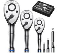VORXEON 3 Pcs Ratchet Wrench Set With Extended Bars 2", 3", 5", Reversible 72-Tooth Stubby Ratchet Wrench For Tight Spaces 1/4", 3/8", 1/2" Drive Quick Release