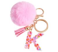 Vorysum Llavero Rosa Con Letra Inicial - Regalo Para Niña y Mujer Con Bola Peluda y Borla Dorada - Decoración Para Bolso y Mochila - K
