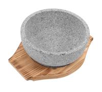 VOSAREA Tazón para Mezclar y Servir, Tazón para Servir Arroz Mezclado, Cuenco de Piedra y Madera, 600ml, 16cm, con Bandeja, Redondo, para Bibimbap Coreano y Cocina