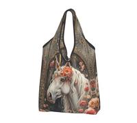 VOSERY Bolsas de compras reutilizables con diseño de caballo blanco floral vintage para comestibles, bolsa plegable con asas, Negro -, 3 PCS