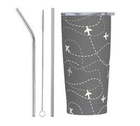 VOSERY Botella de agua de 20 onzas con tapa y popote, diseño de rutas de avión alrededor del mundo, vaso aislado de acero inoxidable, taza de café de viaje, vaso personalizado