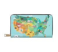 VOSERY Cartera de piel para mujer, billetera plegable para múltiples tarjetas, mapa turístico de Estados Unidos con monumentos famosos, carteras para mujer, bolso largo