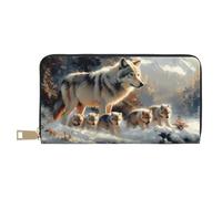 VOSERY Cartera de piel para mujer, cartera de piel bifold, monedero largo para mujer Wolf Family Winter Wonderland