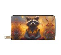 VOSERY Cartera de piel para mujer, cartera plegable para múltiples tarjetas, diseño de mapache meditando con flores de atardecer, cartera larga para mujer