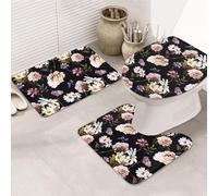 VOSERY Juego de alfombras de baño de 3 piezas - Alfombras de baño absorbentes con flores de claveles, antideslizantes, cubierta de tapa de asiento de inodoro, alfombras de inodoro en forma de U