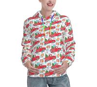 VOSERY - Sudadera con capucha para mujer con bolsillo, diseño de camión y abeto, color rojo, blanco y negro, L