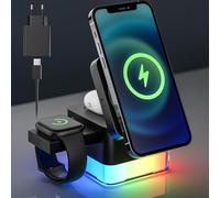 VOSFEE Base de Carga Inalámbrica 3 en 1 con Luz Ambiental, Certificado Qi 15W Carga rápida, Compatible con: iPhone 16/15/14/13/12, Serie de Apple Watch y AirPods, Samsung Galaxy y más Dispositivos