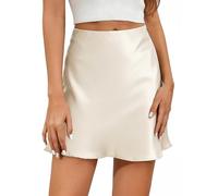 Vossmi Falda de Satén Mini Corta Cintura Alta Corto Ocio Faldas Mujer Color Sólido Seda Skirt Bodycon Sedosa Elegante Minifalda Lápiz Primavera Bianco,L