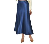 Vossmi Falda de Satén para Mujer Cintura Alta Elástica Midi Falda Casual Skirt A-Línea con Cremallera Elegante Larga Faldas de Seda Maxi Plisada Skirts Fiesta Saten Otoño Azul Marino,L